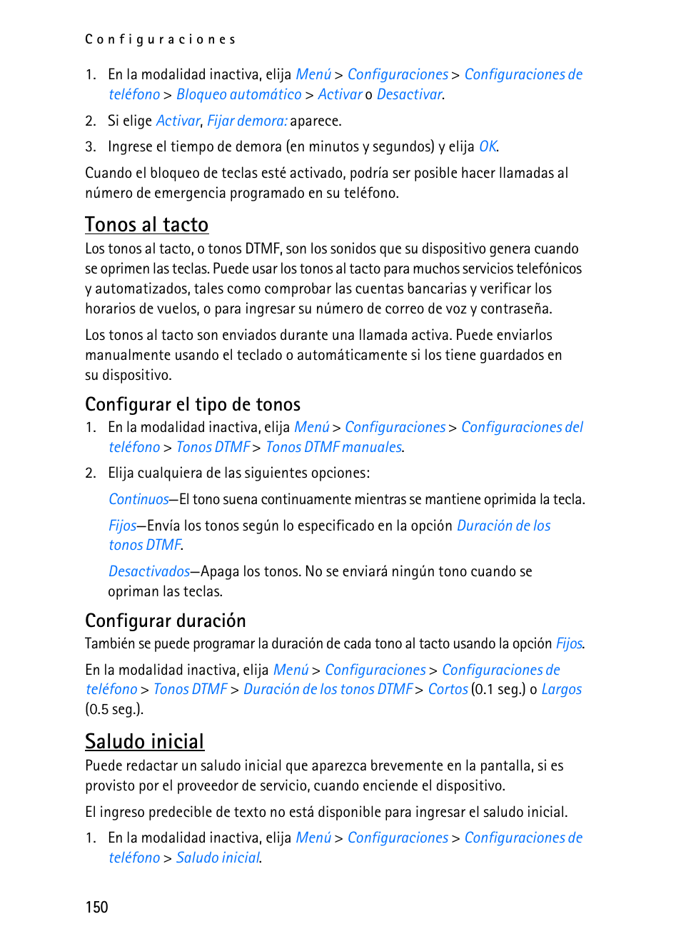 Tonos al tacto, Saludo inicial, Configurar el tipo de tonos | Configurar duración | Nokia 2116i User Manual | Page 151 / 201