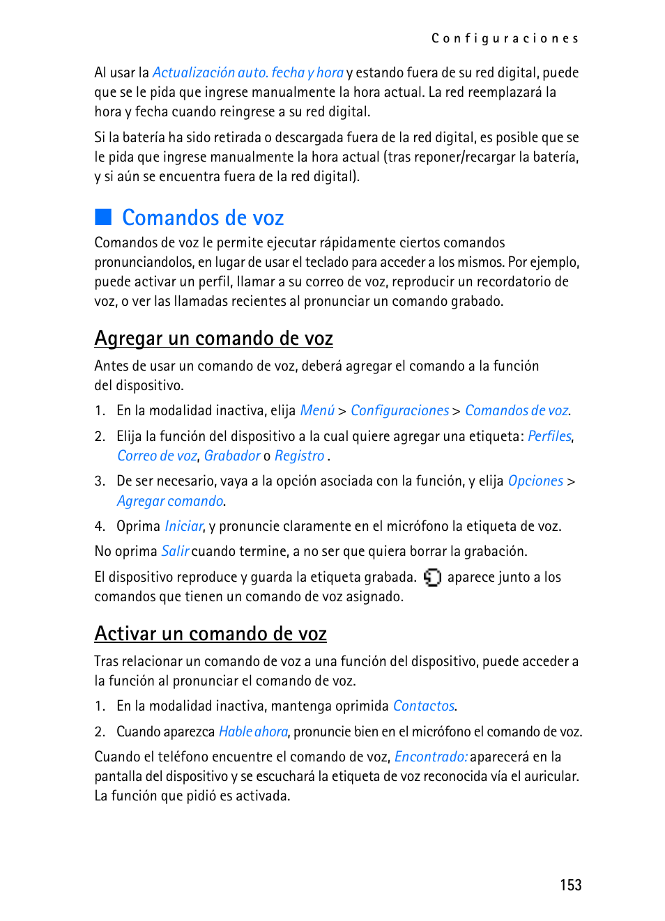 Comandos de voz, Agregar un comando de voz, Activar un comando de voz | Nokia 2116i User Manual | Page 154 / 201