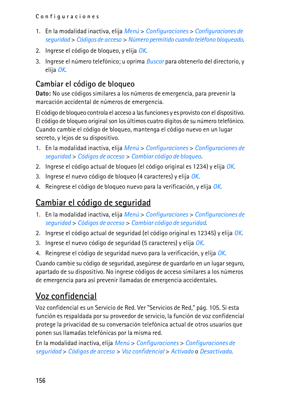 Cambiar el código de seguridad, Voz confidencial, Cambiar el código de bloqueo | Nokia 2116i User Manual | Page 157 / 201