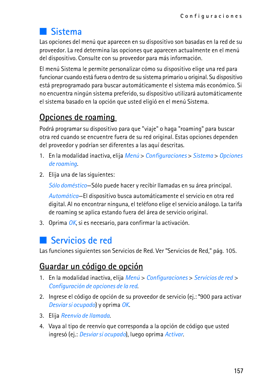 Sistema, Servicios de red, Opciones de roaming | Guardar un código de opción | Nokia 2116i User Manual | Page 158 / 201
