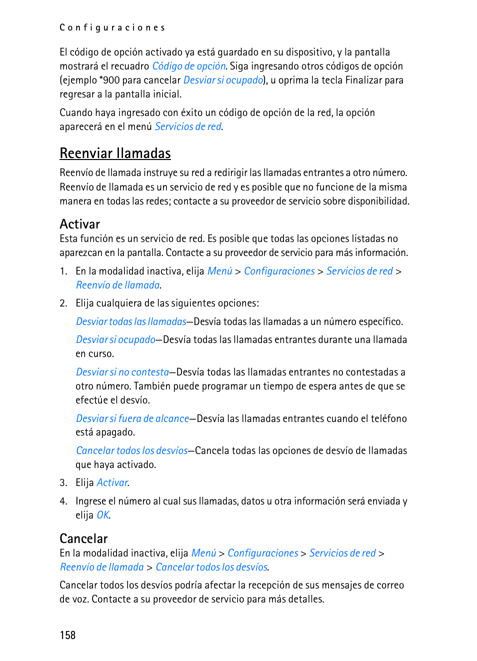 Reenviar llamadas, Activar, Cancelar | Nokia 2116i User Manual | Page 159 / 201