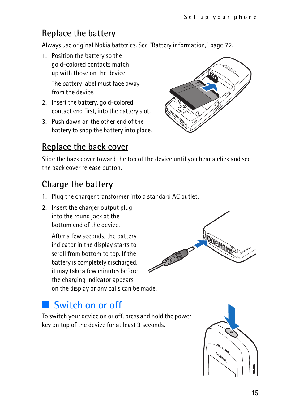 Switch on or off, Replace the battery, Replace the back cover | Charge the battery | Nokia 2116i User Manual | Page 16 / 201