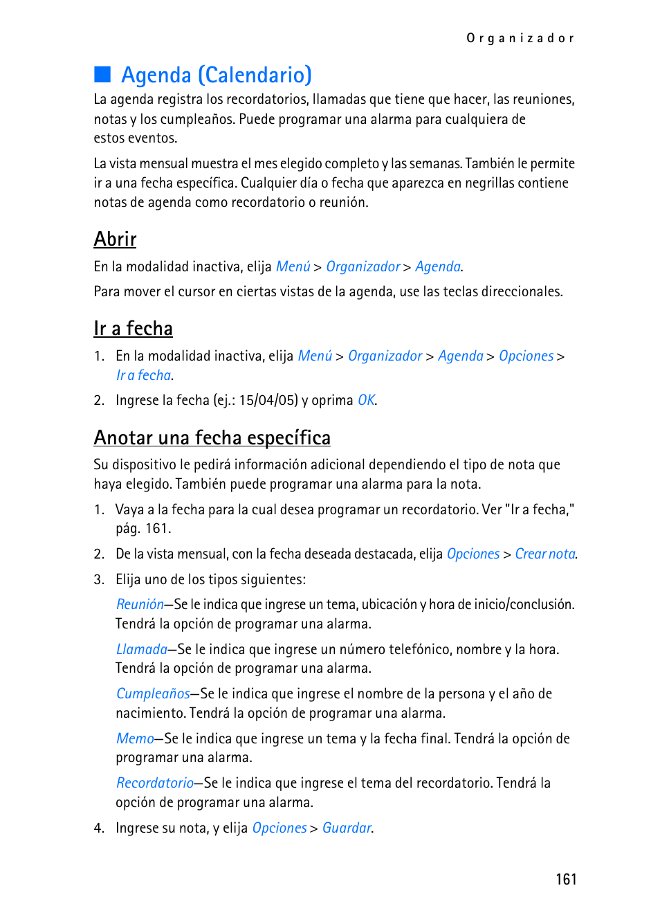 Agenda (calendario), Abrir, Ir a fecha | Anotar una fecha específica | Nokia 2116i User Manual | Page 162 / 201