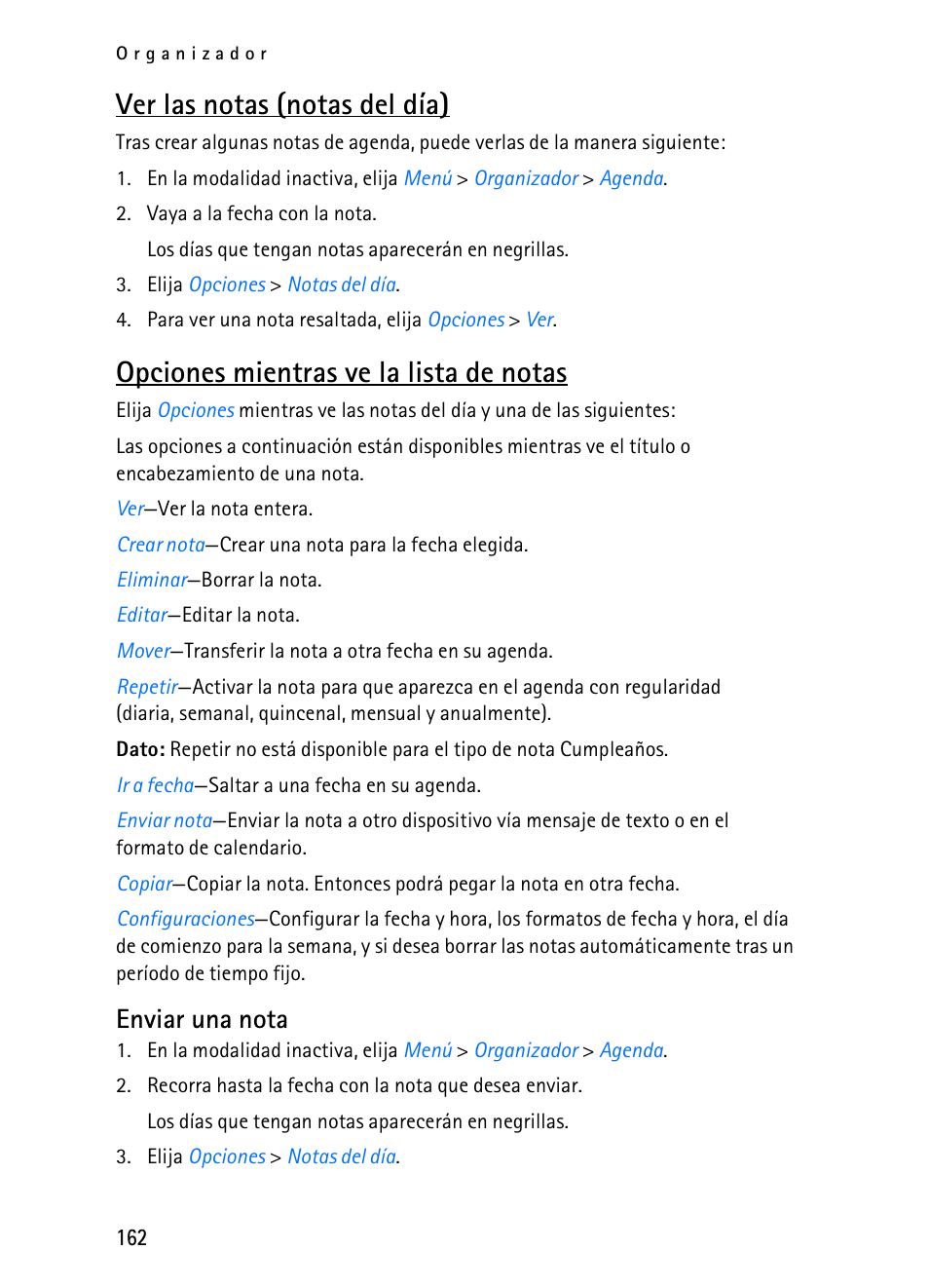 Ver las notas (notas del día), Opciones mientras ve la lista de notas, Enviar una nota | Nokia 2116i User Manual | Page 163 / 201