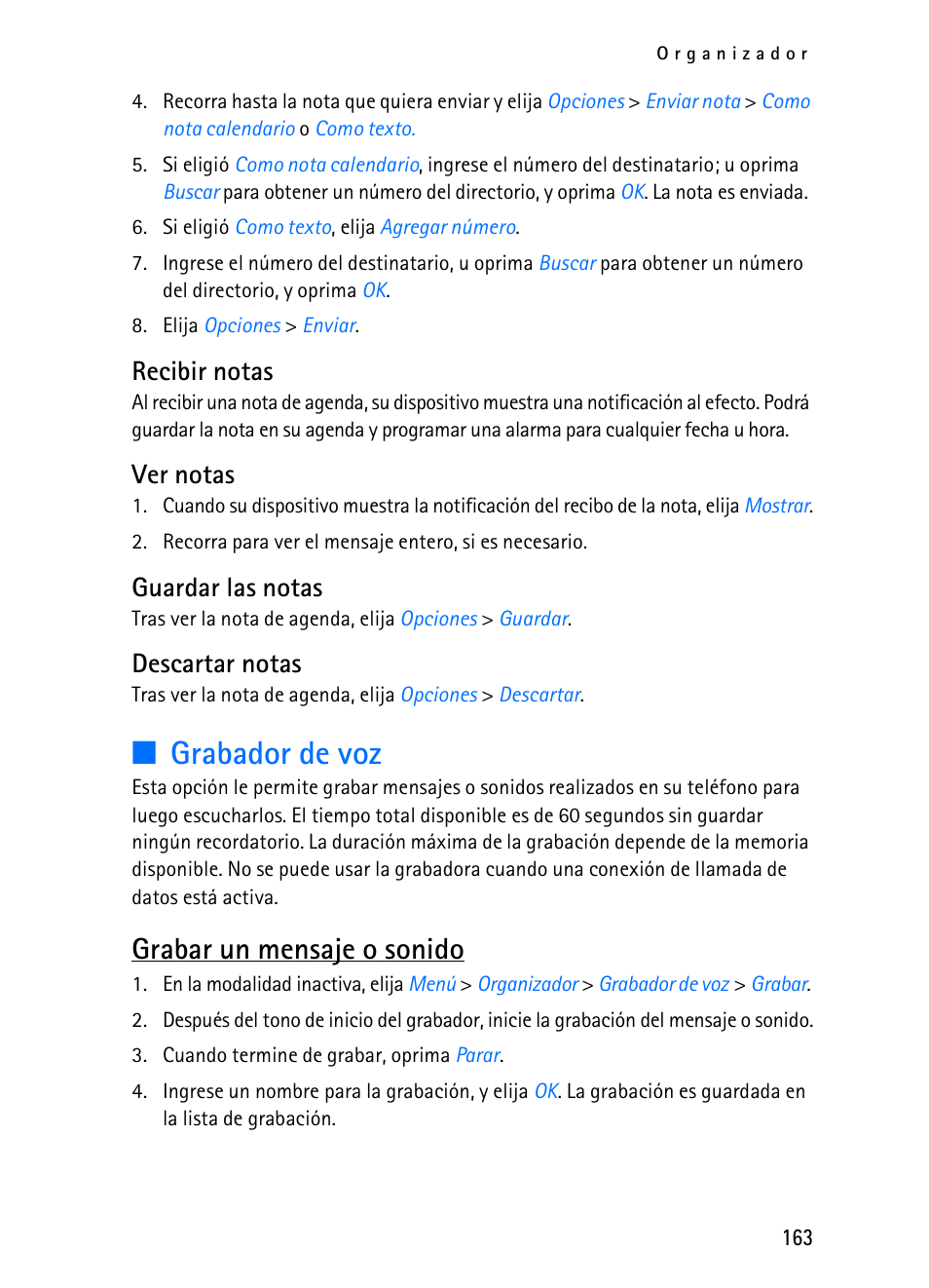 Grabador de voz, Grabar un mensaje o sonido, Recibir notas | Ver notas, Guardar las notas, Descartar notas | Nokia 2116i User Manual | Page 164 / 201