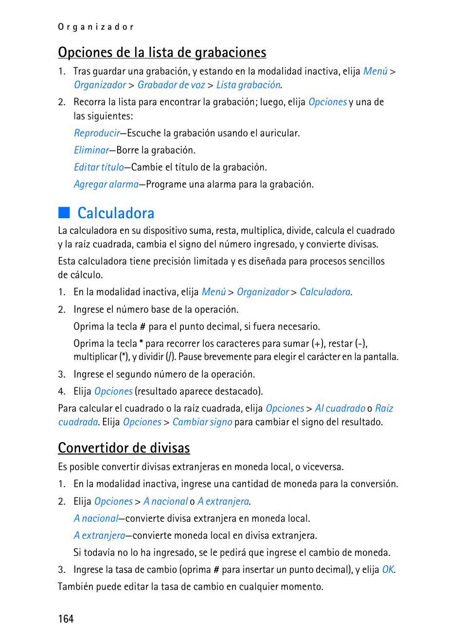 Calculadora, Opciones de la lista de grabaciones, Convertidor de divisas | Nokia 2116i User Manual | Page 165 / 201