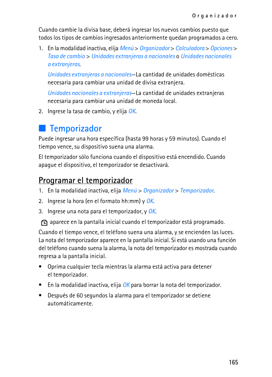 R "temporizador," pág. 165, Temporizador, Programar el temporizador | Nokia 2116i User Manual | Page 166 / 201