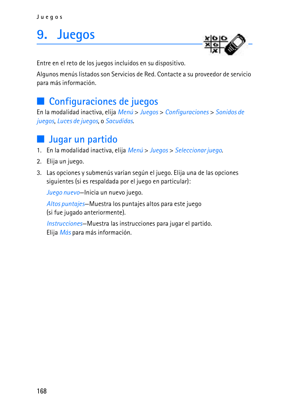 Juegos, Configuraciones de juegos, Jugar un partido | Nokia 2116i User Manual | Page 169 / 201