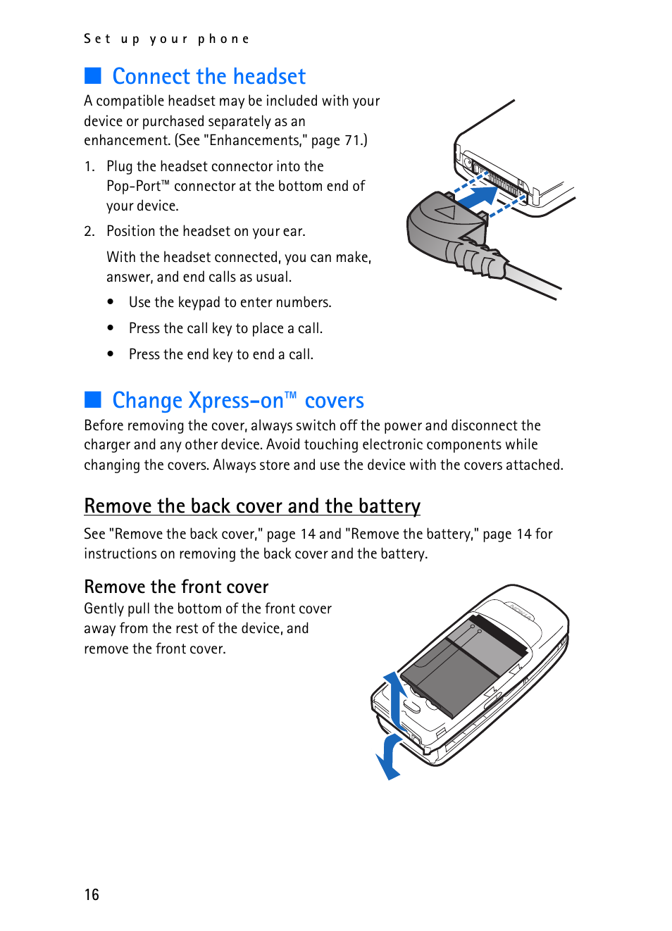 Connect the headset, Change xpress-on™ covers, Remove the back cover and the battery | Nokia 2116i User Manual | Page 17 / 201