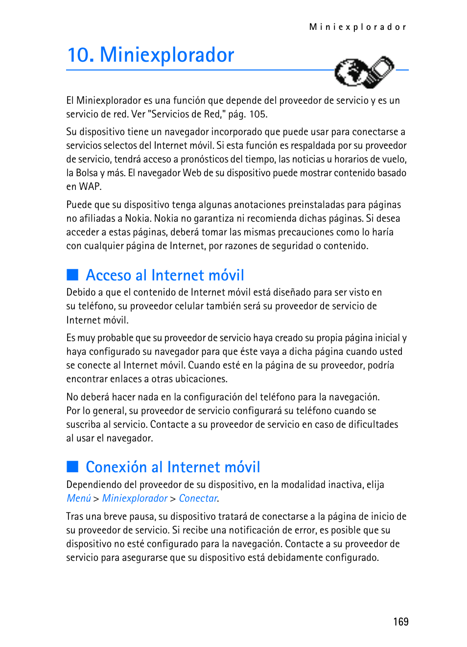Miniexplorador, Acceso al internet móvil, Conexión al internet móvil | Nokia 2116i User Manual | Page 170 / 201