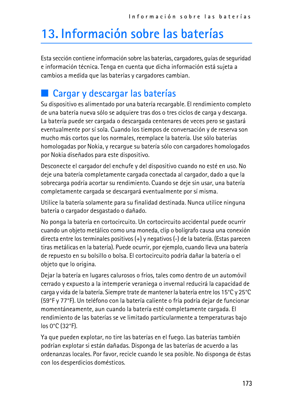 Información sobre las baterías, Cargar y descargar las baterías | Nokia 2116i User Manual | Page 174 / 201