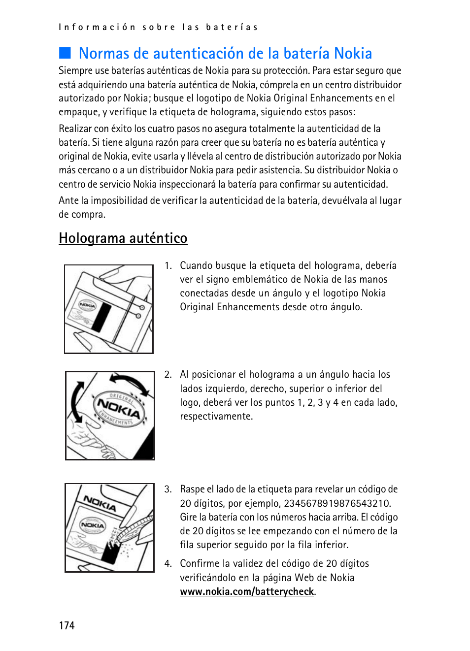 Normas de autenticación de la batería nokia, Holograma auténtico | Nokia 2116i User Manual | Page 175 / 201