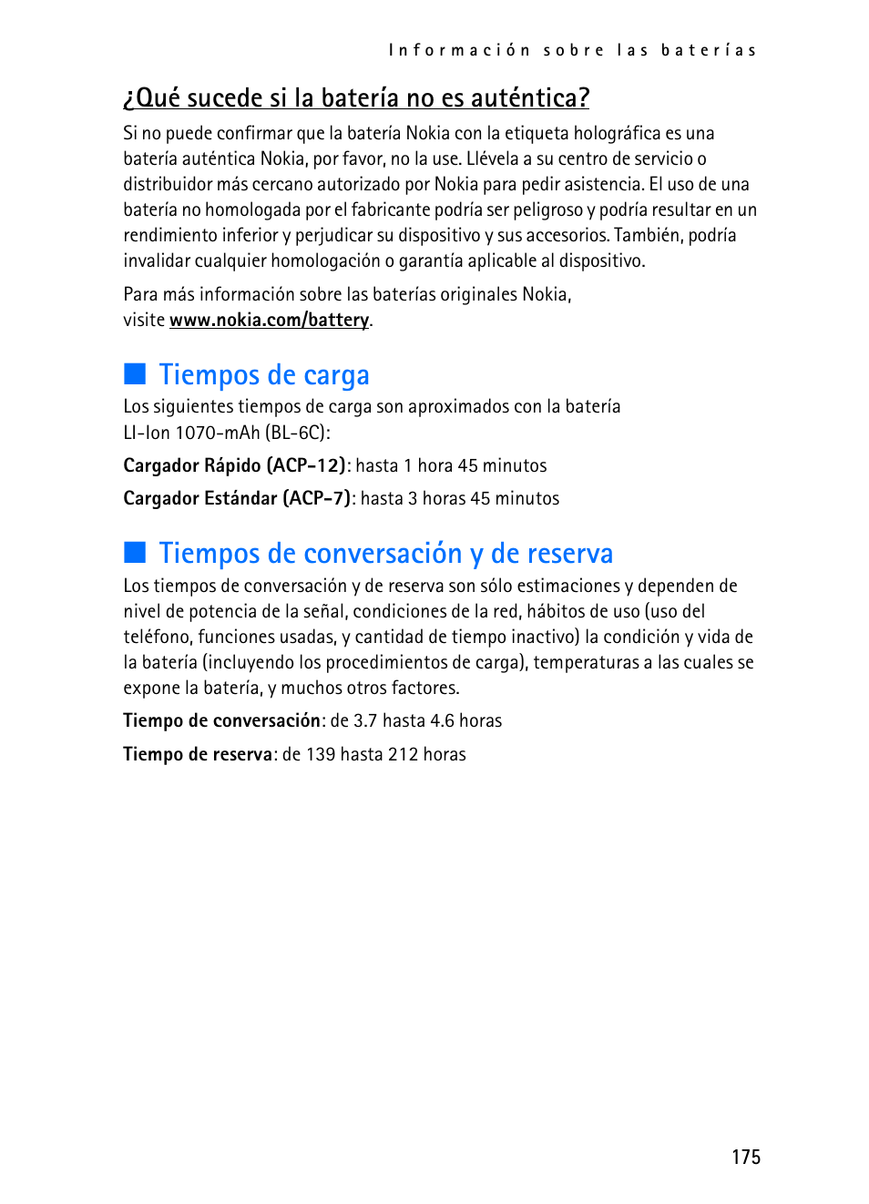 Tiempos de carga, Tiempos de conversación y de reserva, Qué sucede si la batería no es auténtica | Nokia 2116i User Manual | Page 176 / 201