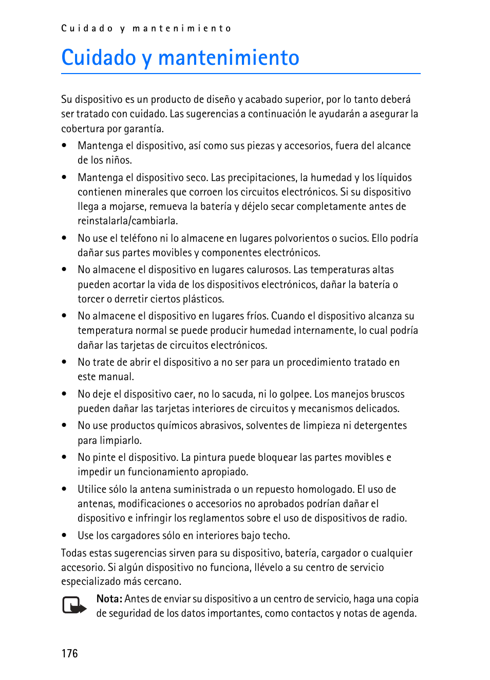 Cuidado y mantenimiento | Nokia 2116i User Manual | Page 177 / 201
