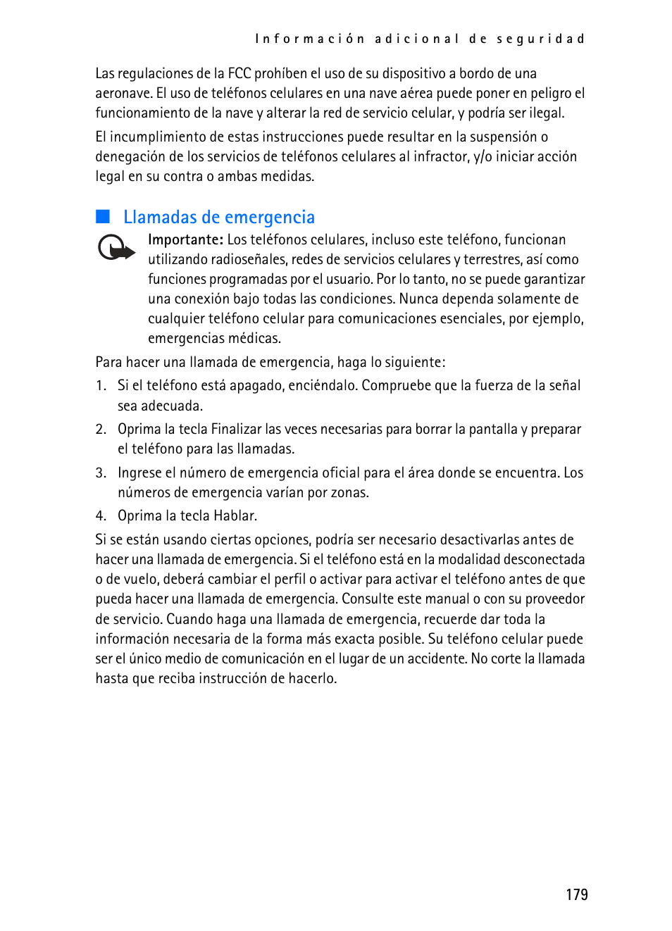 Llamadas de emergencia | Nokia 2116i User Manual | Page 180 / 201