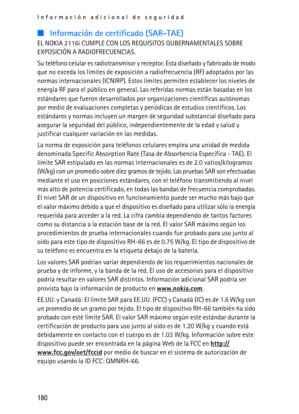 Información de certificado (sar-tae) | Nokia 2116i User Manual | Page 181 / 201