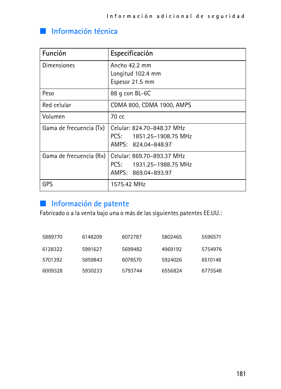 Información técnica ■ información de patente, Función especificación | Nokia 2116i User Manual | Page 182 / 201
