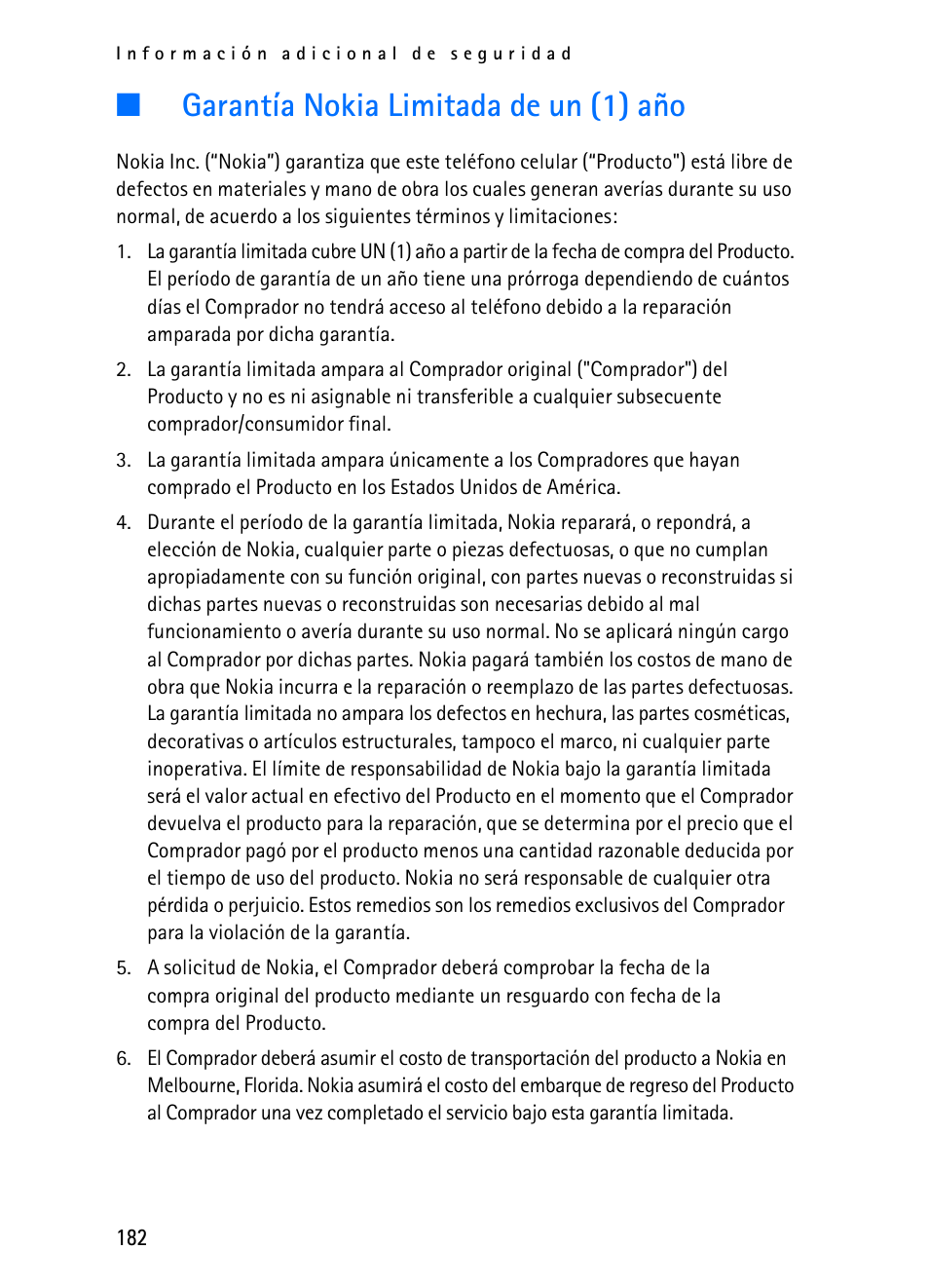 Garantía nokia limitada de un (1) año | Nokia 2116i User Manual | Page 183 / 201