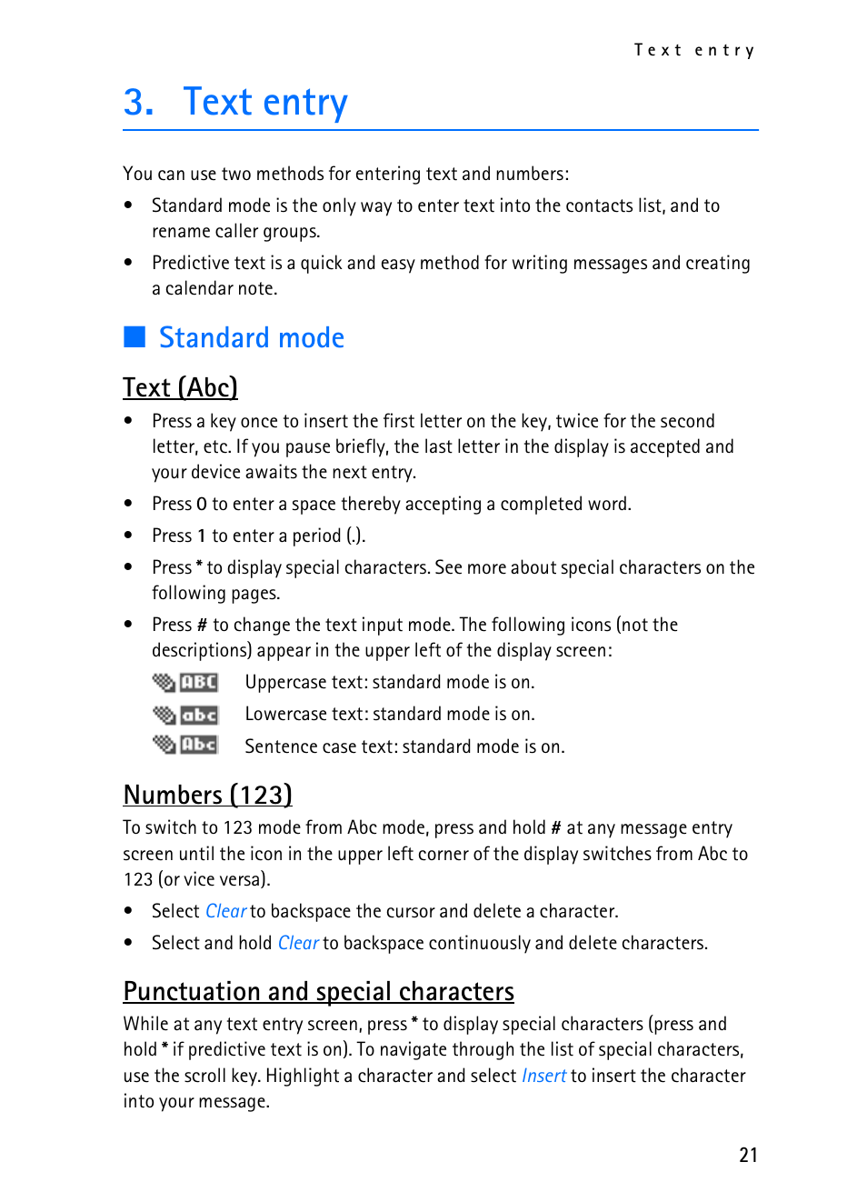 Text entry, Standard mode, Text (abc) | Numbers (123), Punctuation and special characters | Nokia 2116i User Manual | Page 22 / 201