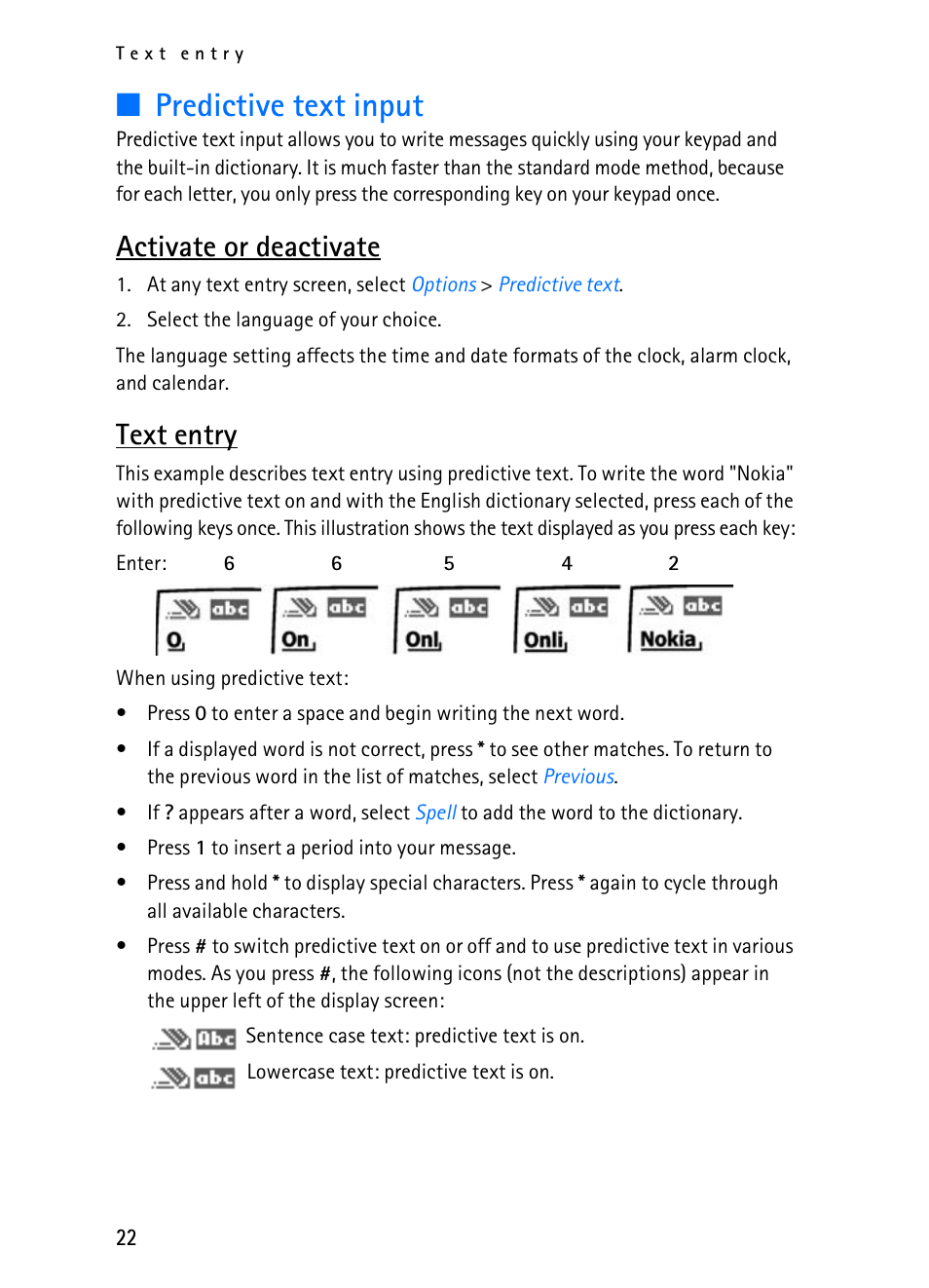 Predictive text input, Activate or deactivate, Text entry | Nokia 2116i User Manual | Page 23 / 201