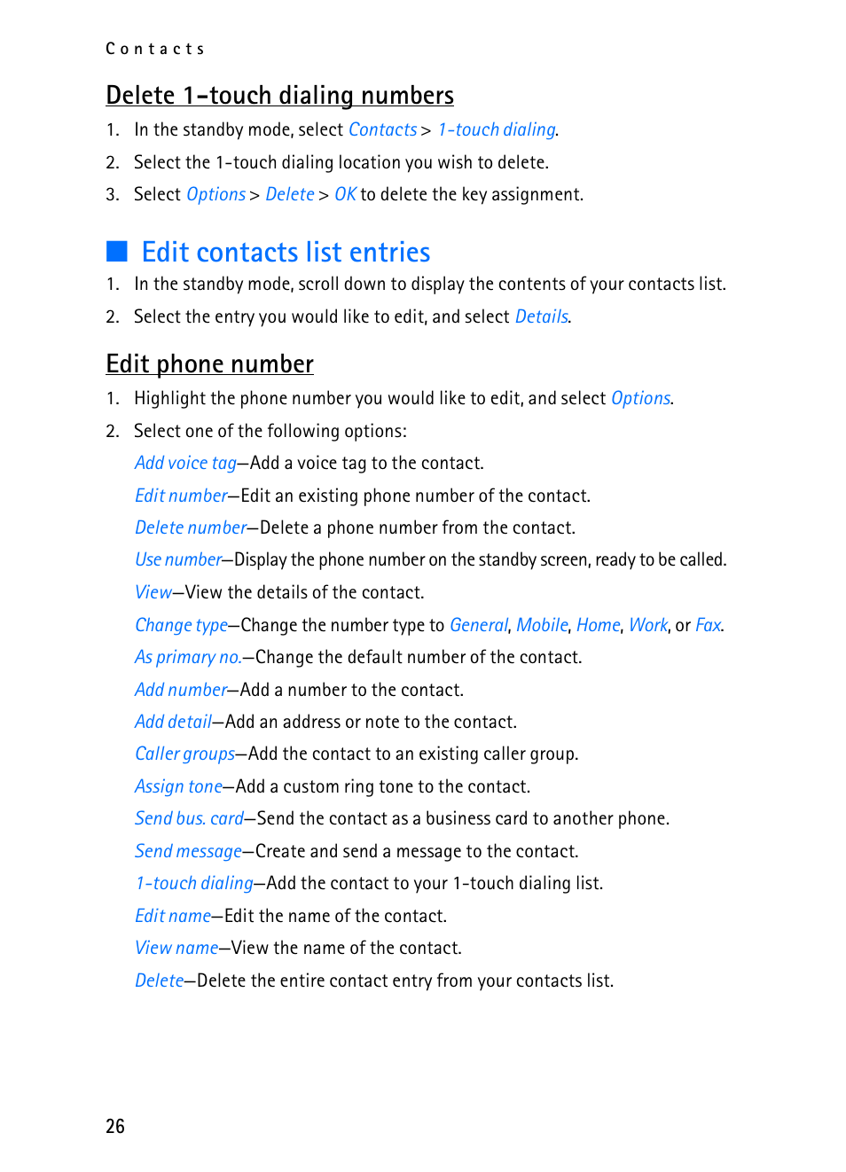 Edit contacts list entries, Delete 1-touch dialing numbers, Edit phone number | Nokia 2116i User Manual | Page 27 / 201