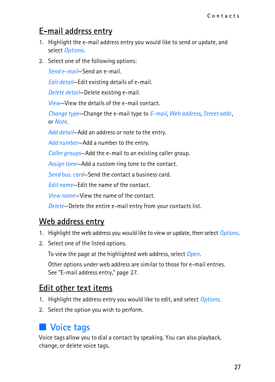 Voice tags, E-mail address entry, Web address entry | Edit other text items | Nokia 2116i User Manual | Page 28 / 201