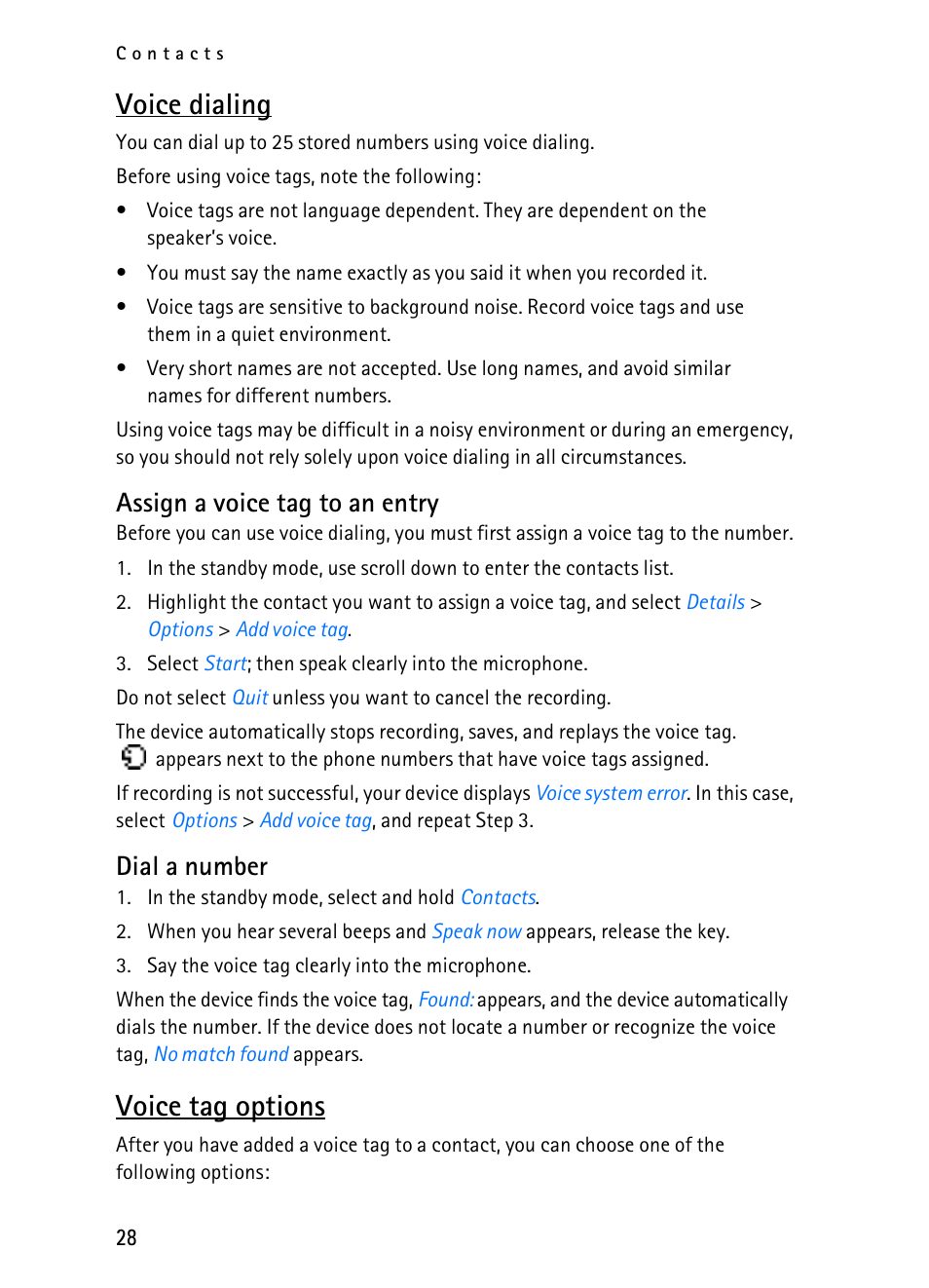 Voice dialing, Voice tag options, Assign a voice tag to an entry | Dial a number | Nokia 2116i User Manual | Page 29 / 201