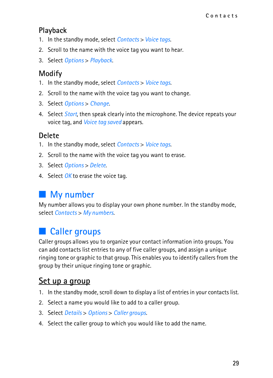 My number, Caller groups, Set up a group | Playback, Modify, Delete | Nokia 2116i User Manual | Page 30 / 201