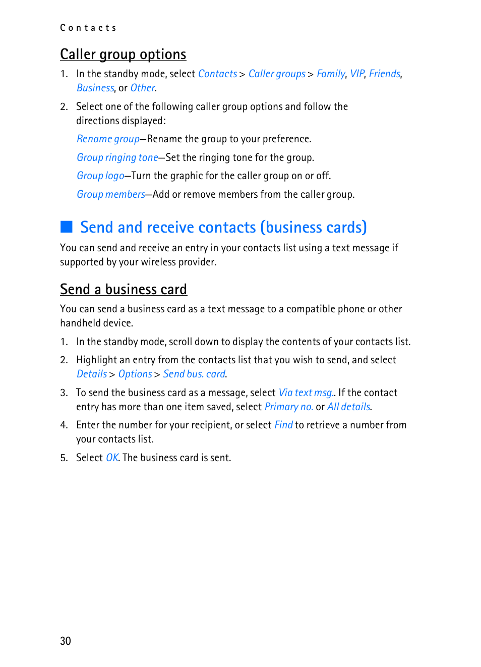 Send and receive contacts (business cards), Caller group options, Send a business card | Nokia 2116i User Manual | Page 31 / 201
