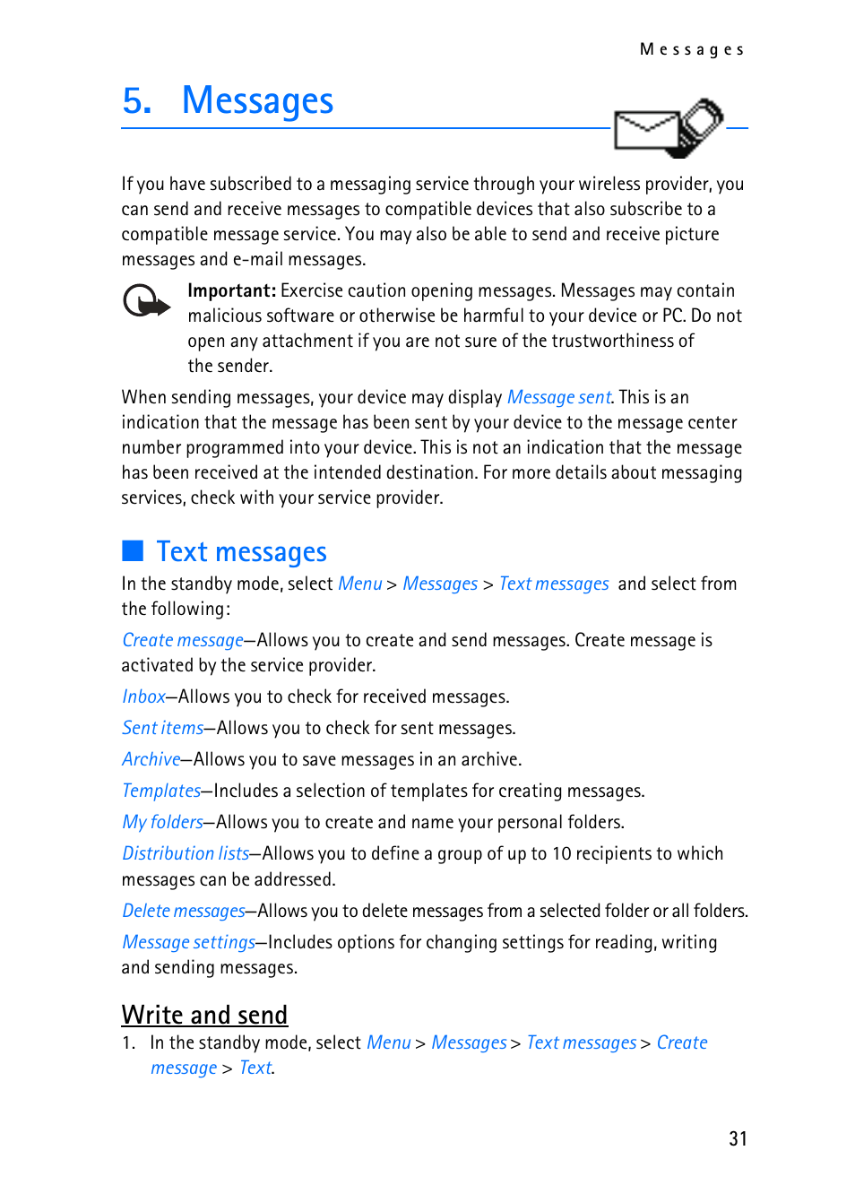 Messages, Text messages, Write and send | Nokia 2116i User Manual | Page 32 / 201