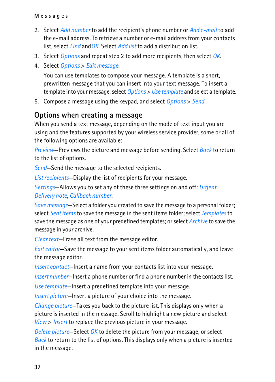 Options when creating a message | Nokia 2116i User Manual | Page 33 / 201
