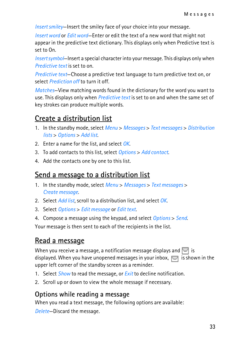 Create a distribution list, Send a message to a distribution list, Read a message | Options while reading a message | Nokia 2116i User Manual | Page 34 / 201