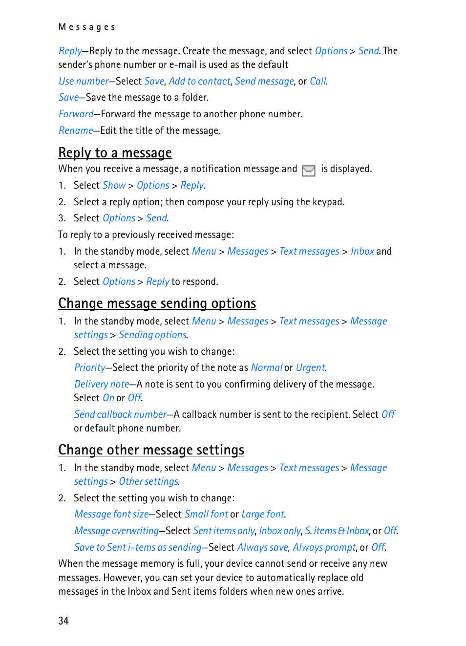 Reply to a message, Change message sending options, Change other message settings | Nokia 2116i User Manual | Page 35 / 201