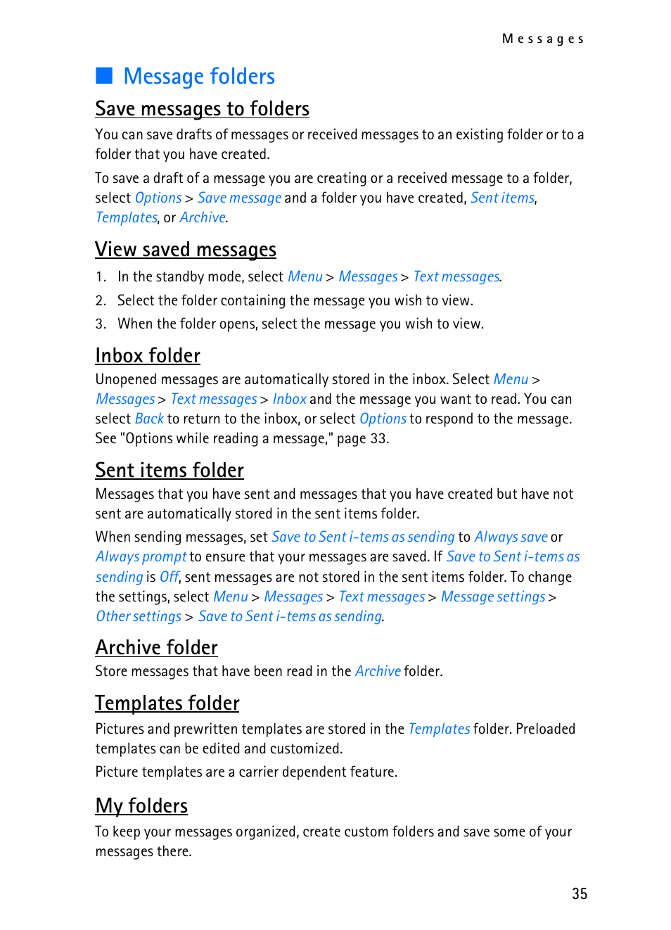 Message folders, Save messages to folders, View saved messages | Inbox folder, Sent items folder, Archive folder, Templates folder, My folders | Nokia 2116i User Manual | Page 36 / 201