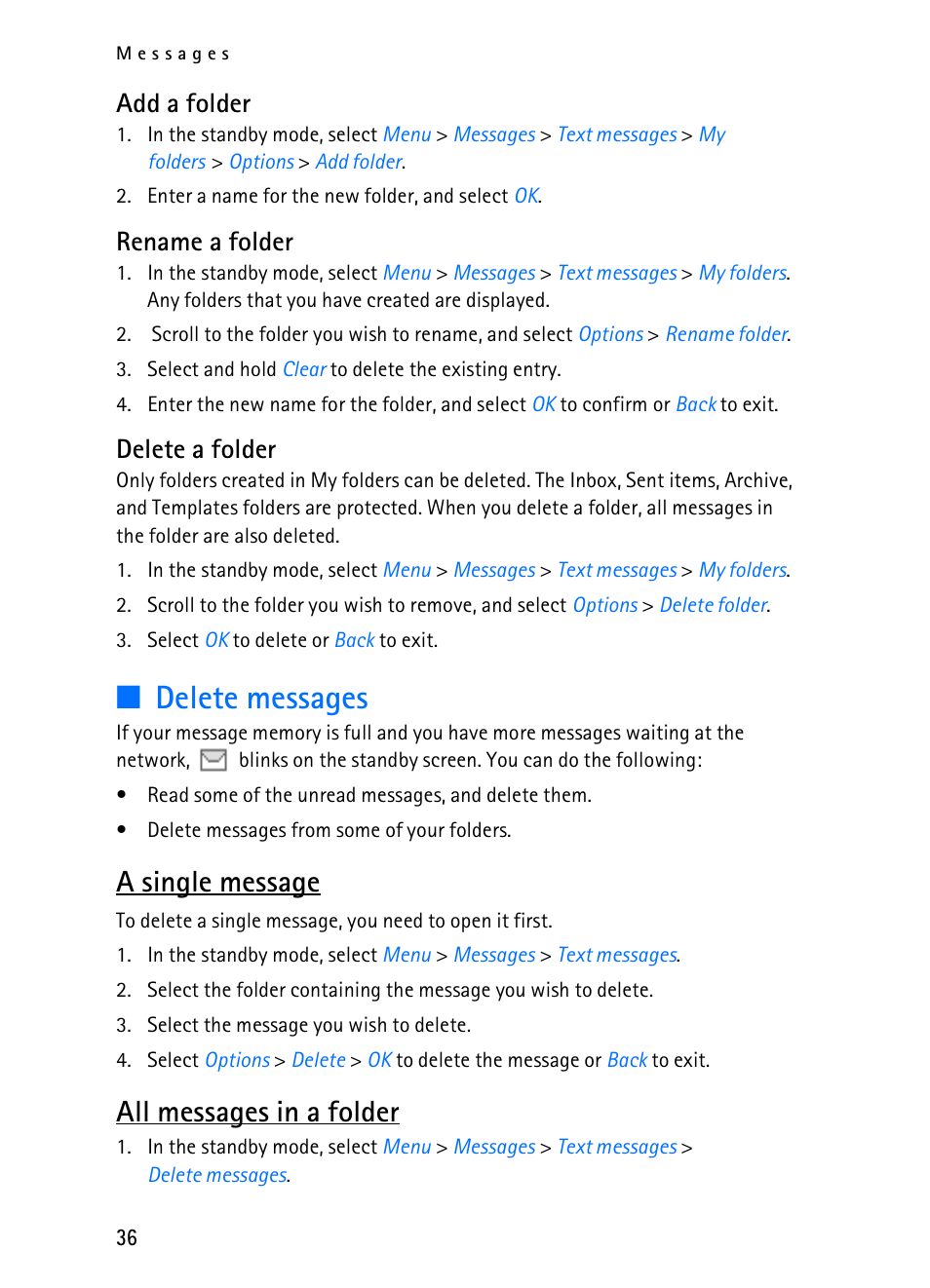Delete messages, A single message, All messages in a folder | Add a folder, Rename a folder, Delete a folder | Nokia 2116i User Manual | Page 37 / 201