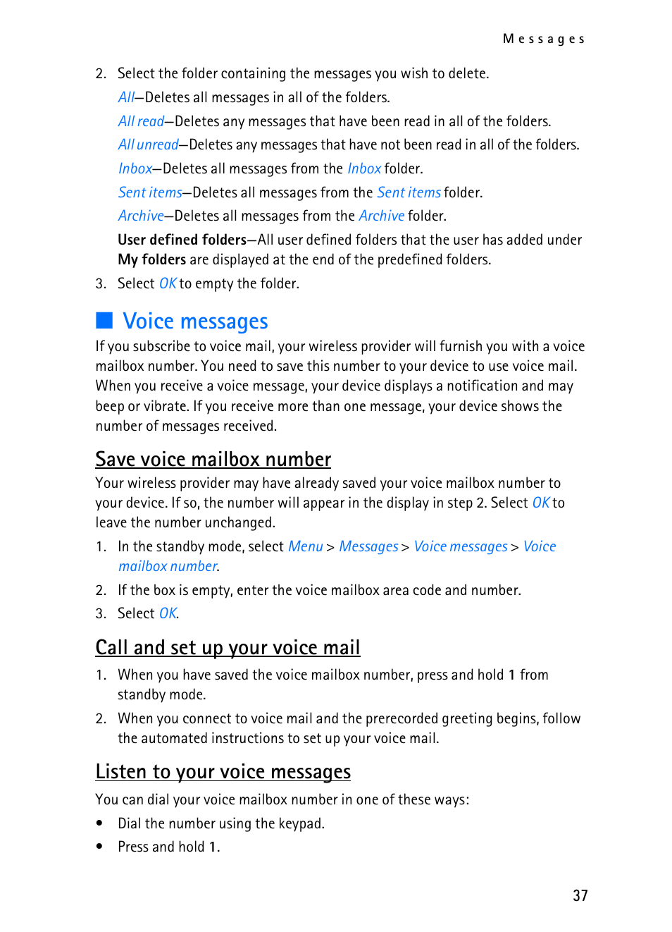 Voice messages, Save voice mailbox number, Call and set up your voice mail | Listen to your voice messages | Nokia 2116i User Manual | Page 38 / 201