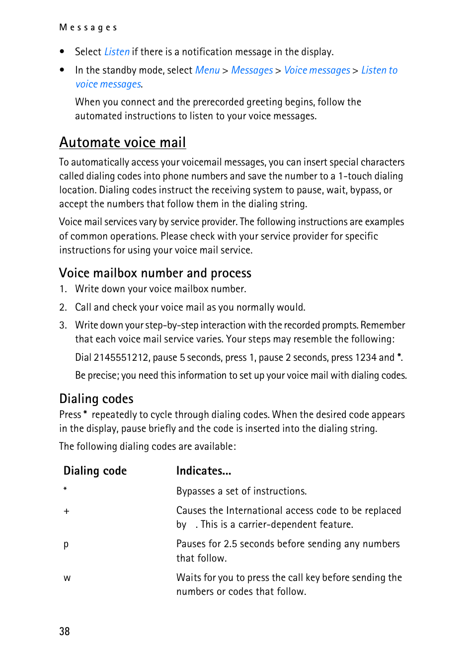 Automate voice mail, Voice mailbox number and process, Dialing codes | Nokia 2116i User Manual | Page 39 / 201