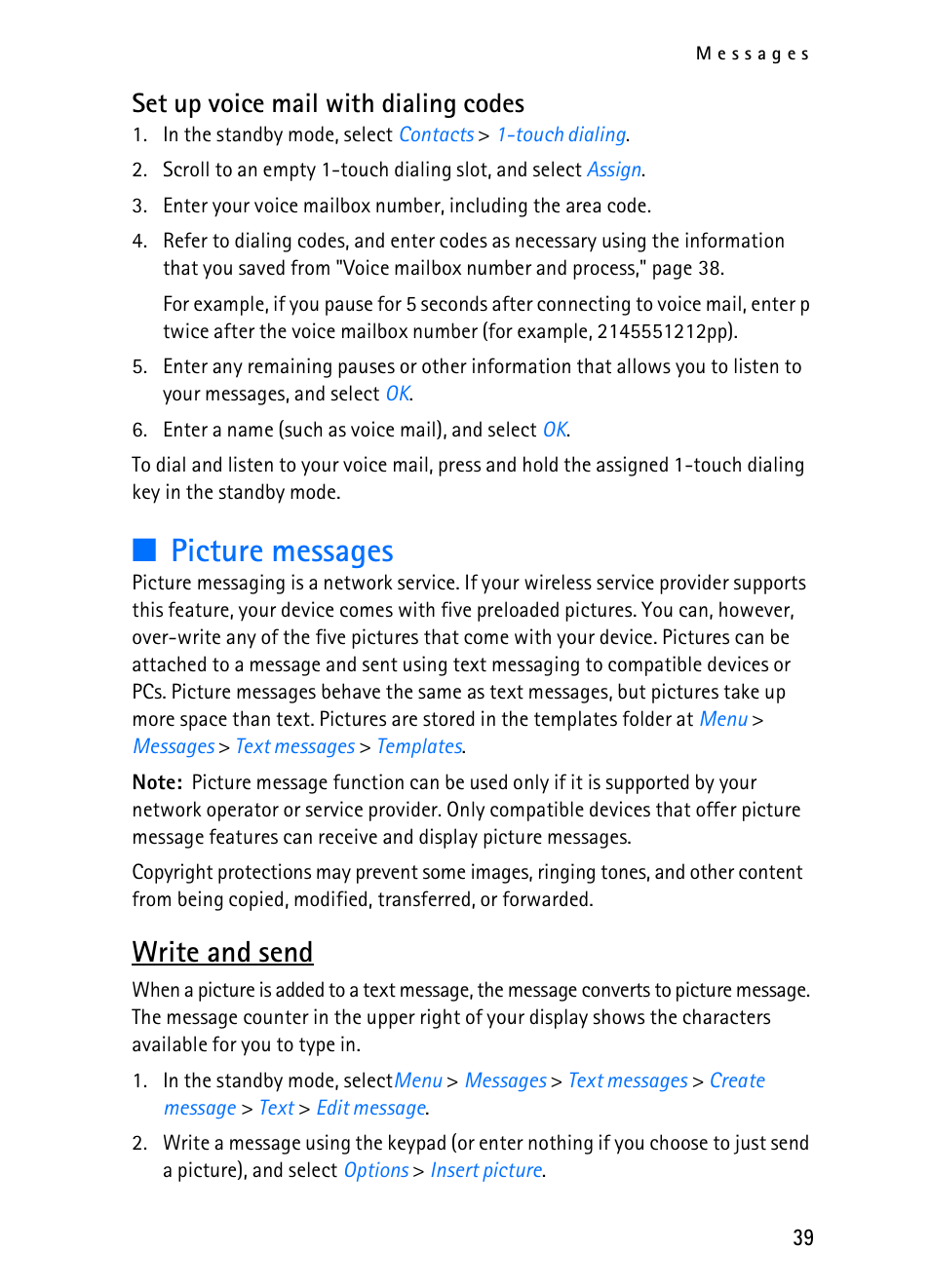 Picture messages, Write and send, Set up voice mail with dialing codes | Nokia 2116i User Manual | Page 40 / 201
