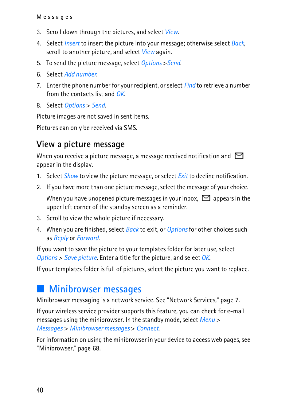 Minibrowser messages, View a picture message | Nokia 2116i User Manual | Page 41 / 201