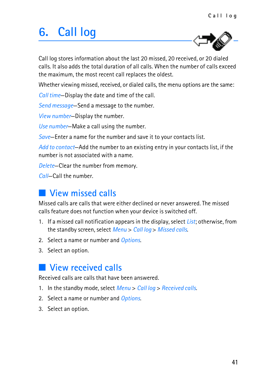 Call log, View missed calls, View received calls | Nokia 2116i User Manual | Page 42 / 201