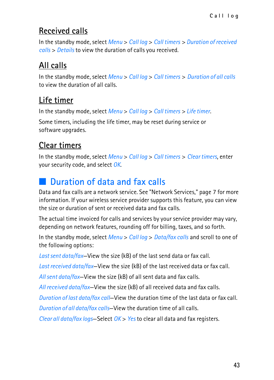 Duration of data and fax calls, Received calls, All calls | Life timer, Clear timers | Nokia 2116i User Manual | Page 44 / 201