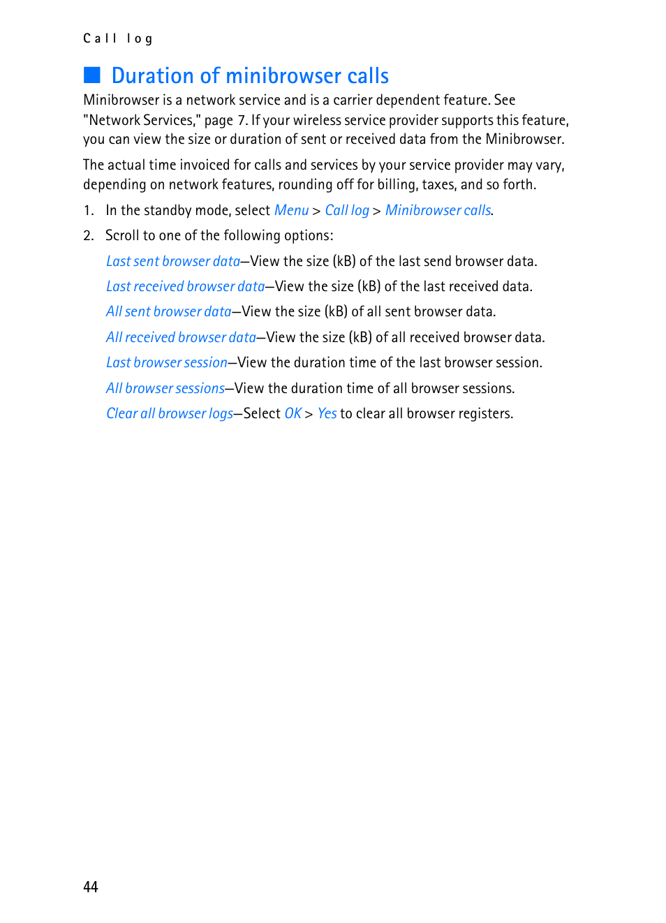 Duration of minibrowser calls | Nokia 2116i User Manual | Page 45 / 201