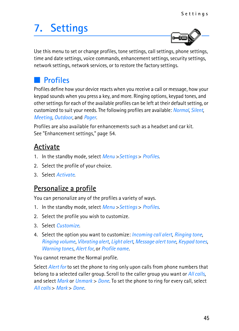 Settings, Profiles, Activate | Personalize a profile | Nokia 2116i User Manual | Page 46 / 201