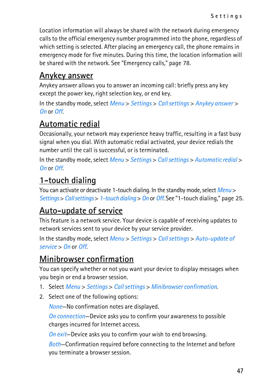 Anykey answer, Automatic redial, Touch dialing | Auto-update of service, Minibrowser confirmation | Nokia 2116i User Manual | Page 48 / 201