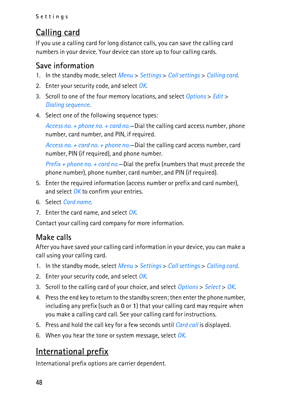 Calling card, International prefix, Save information | Make calls | Nokia 2116i User Manual | Page 49 / 201