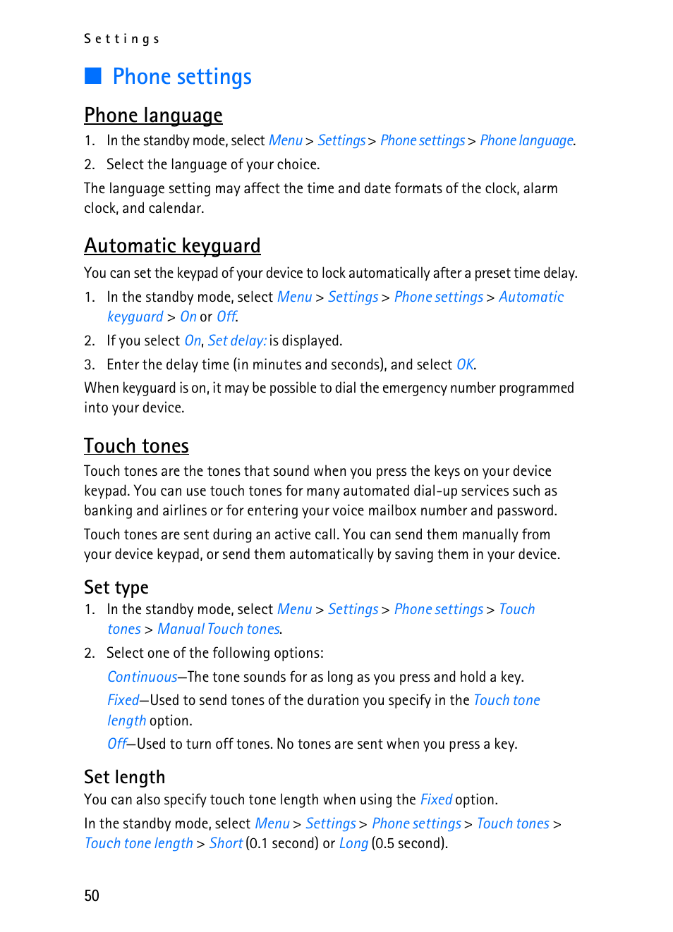 Phone settings, Phone language, Automatic keyguard | Touch tones, Set type, Set length | Nokia 2116i User Manual | Page 51 / 201