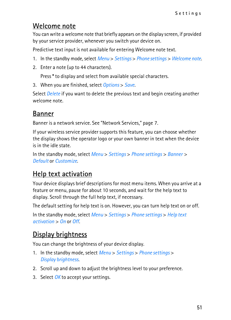 Banner, Help text activation, Display brightness | Nokia 2116i User Manual | Page 52 / 201
