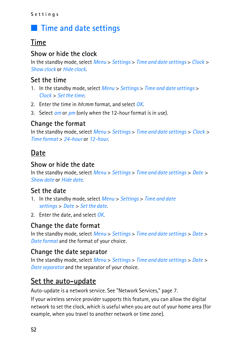 Time and date settings, Time, Date | Set the auto-update, Show or hide the clock, Set the time, Change the format, Show or hide the date, Set the date, Change the date format | Nokia 2116i User Manual | Page 53 / 201