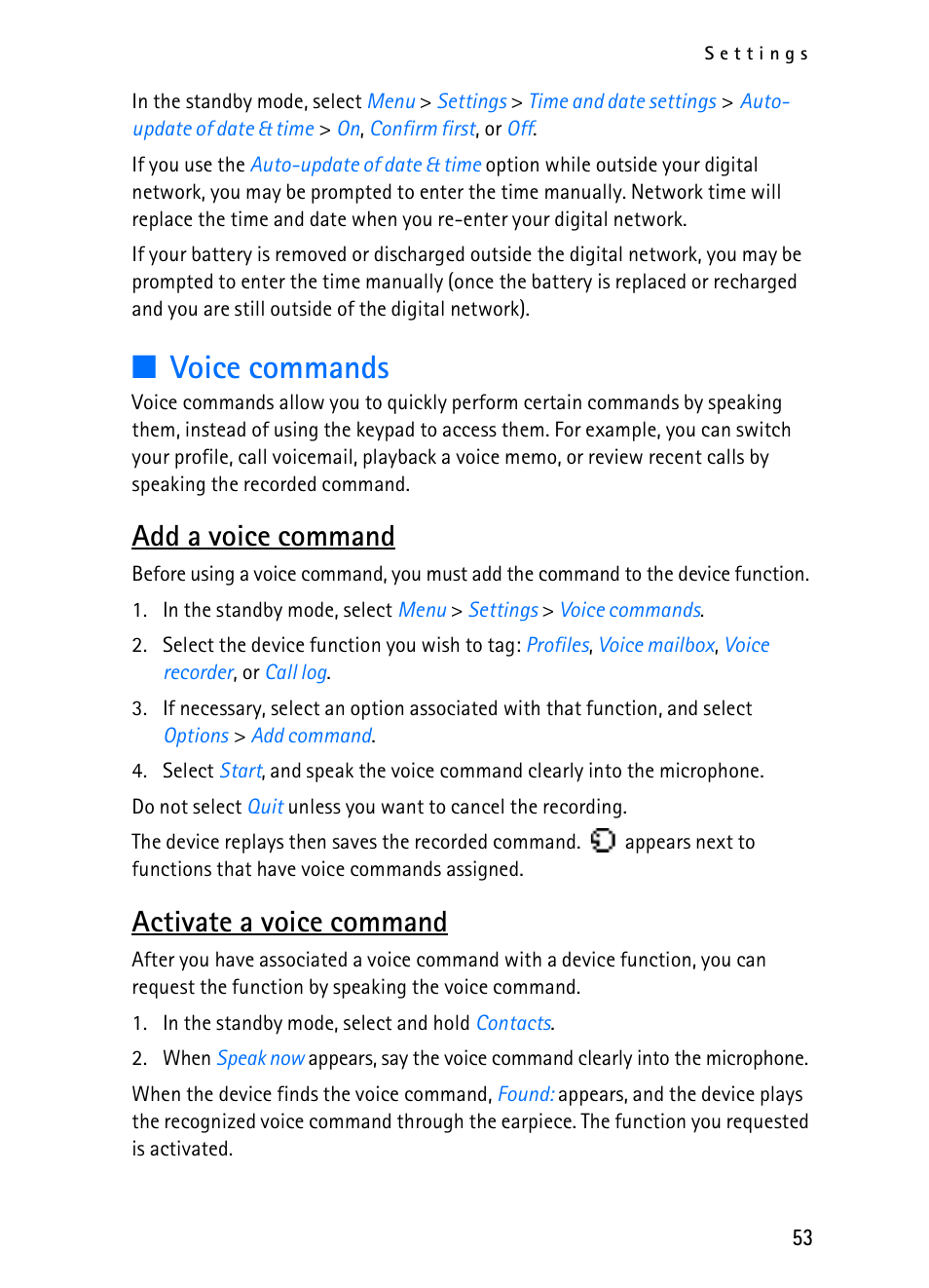 Voice commands, Add a voice command, Activate a voice command | Nokia 2116i User Manual | Page 54 / 201