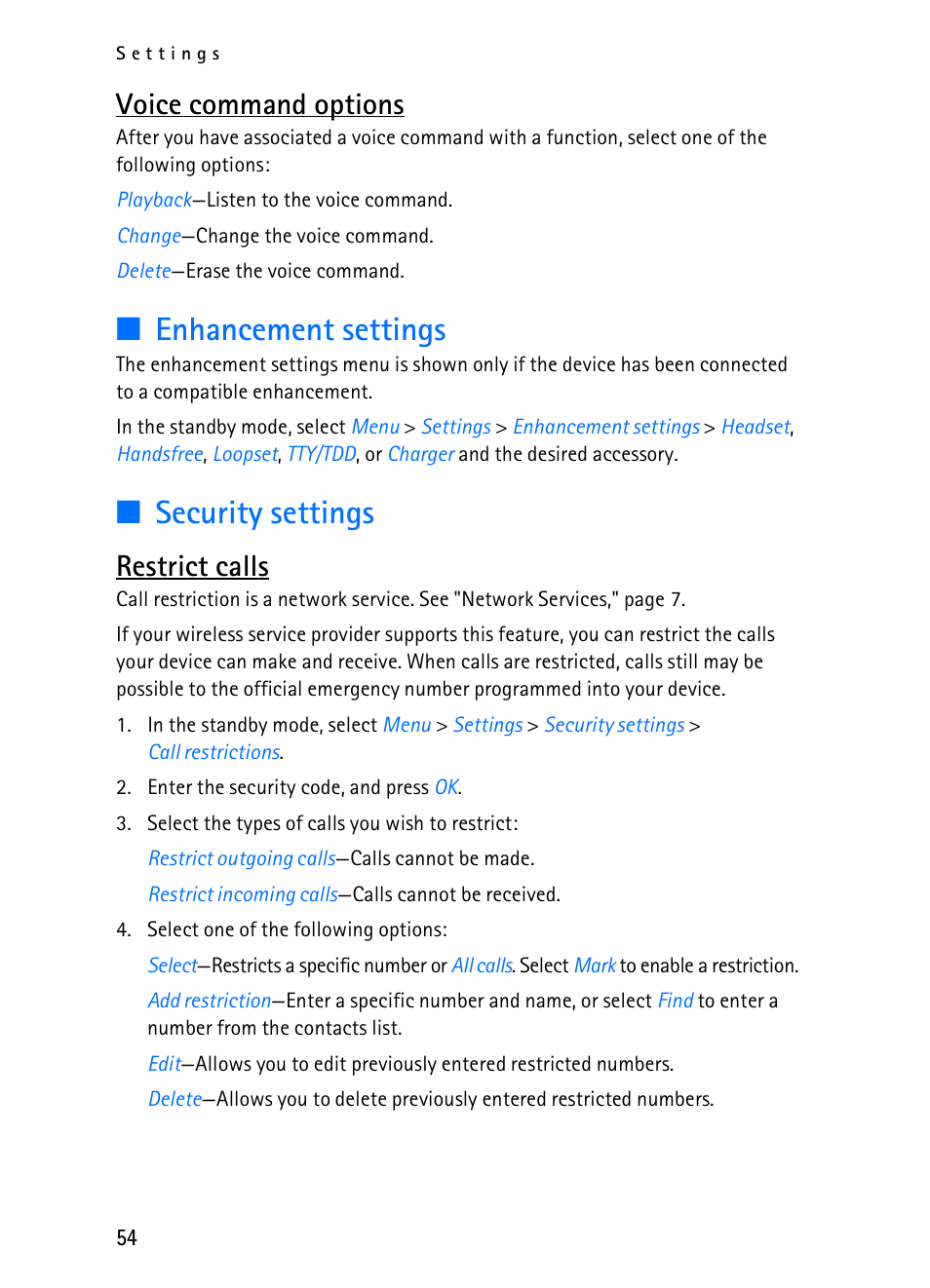 Enhancement settings, Security settings, Voice command options | Restrict calls | Nokia 2116i User Manual | Page 55 / 201